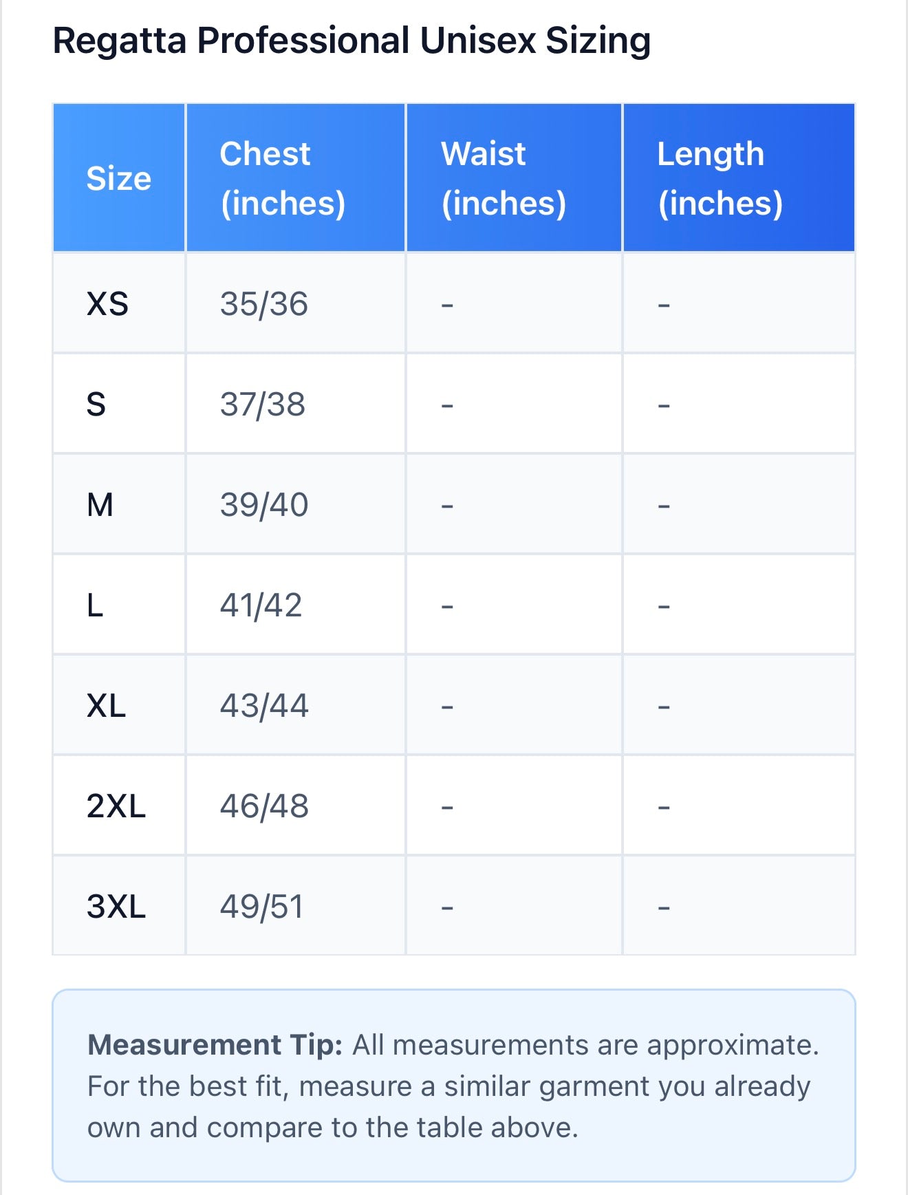 Regatta Pro Universal Bodywarmer size guide
