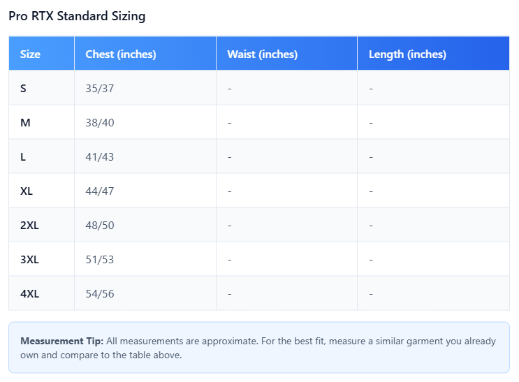 Pro RTX Pro Bodywarmer - RX551 size guide