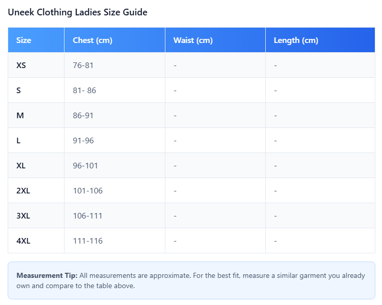 Uneek Ladies Heavyweight Tunic - UC923 size guide